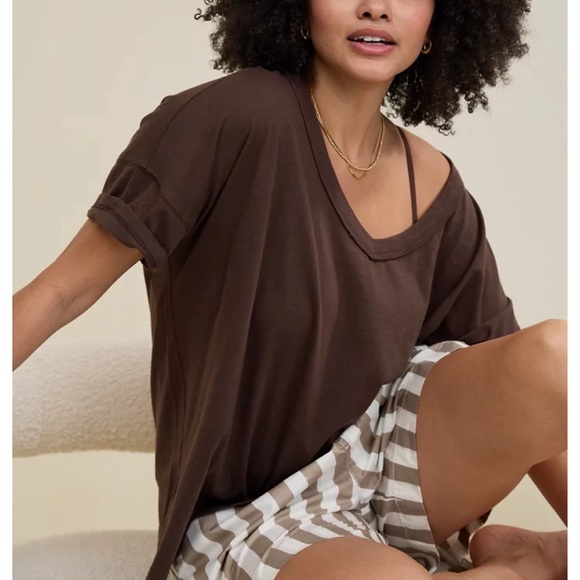 Aerie Oversized V-Neck Boyfriend T-Shirt in Deep Earth Brown - Picture 1 of 6